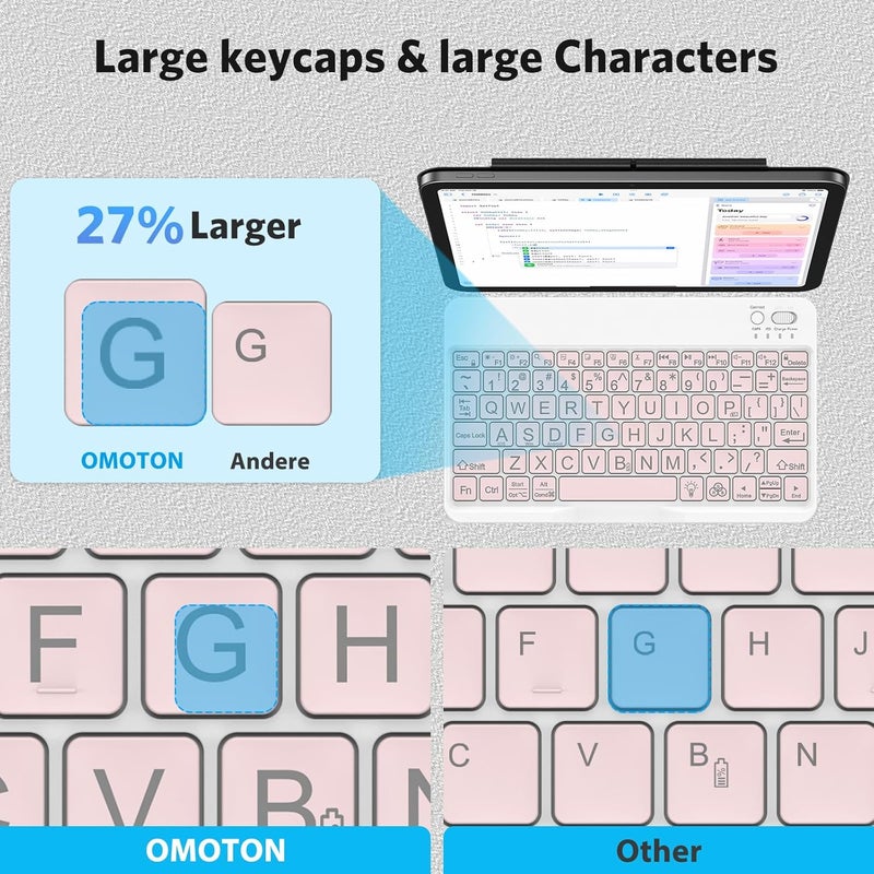 Omoton Large Print Bluetooth Keyboard for iPad iPhone Windows Tablets - 7 - Color Backlit with Enlarged Keycaps, Rechargeable Wireless Keyboard for iPad 10th/9/8/7, iPad Pro Air Mini etc (Pink) - Image 4